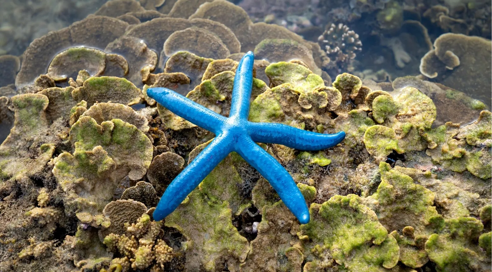 Blue sea star lying on plate corals and algae on the reef