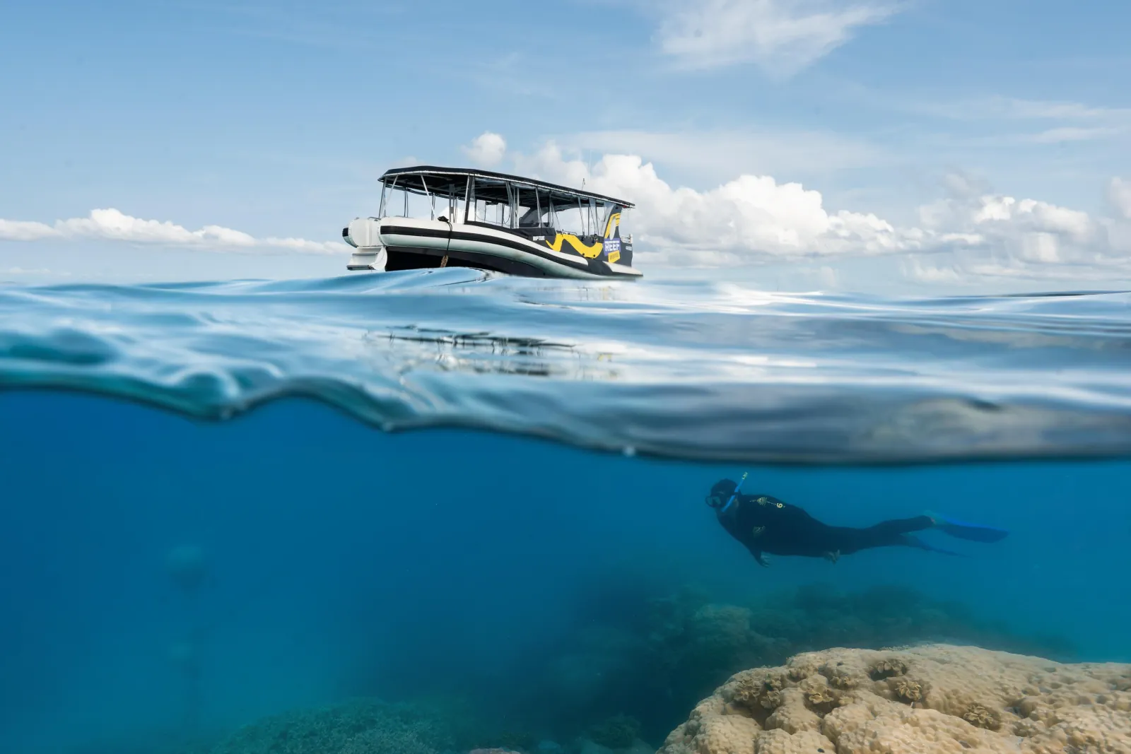 Small reef boat with a diver below the surface