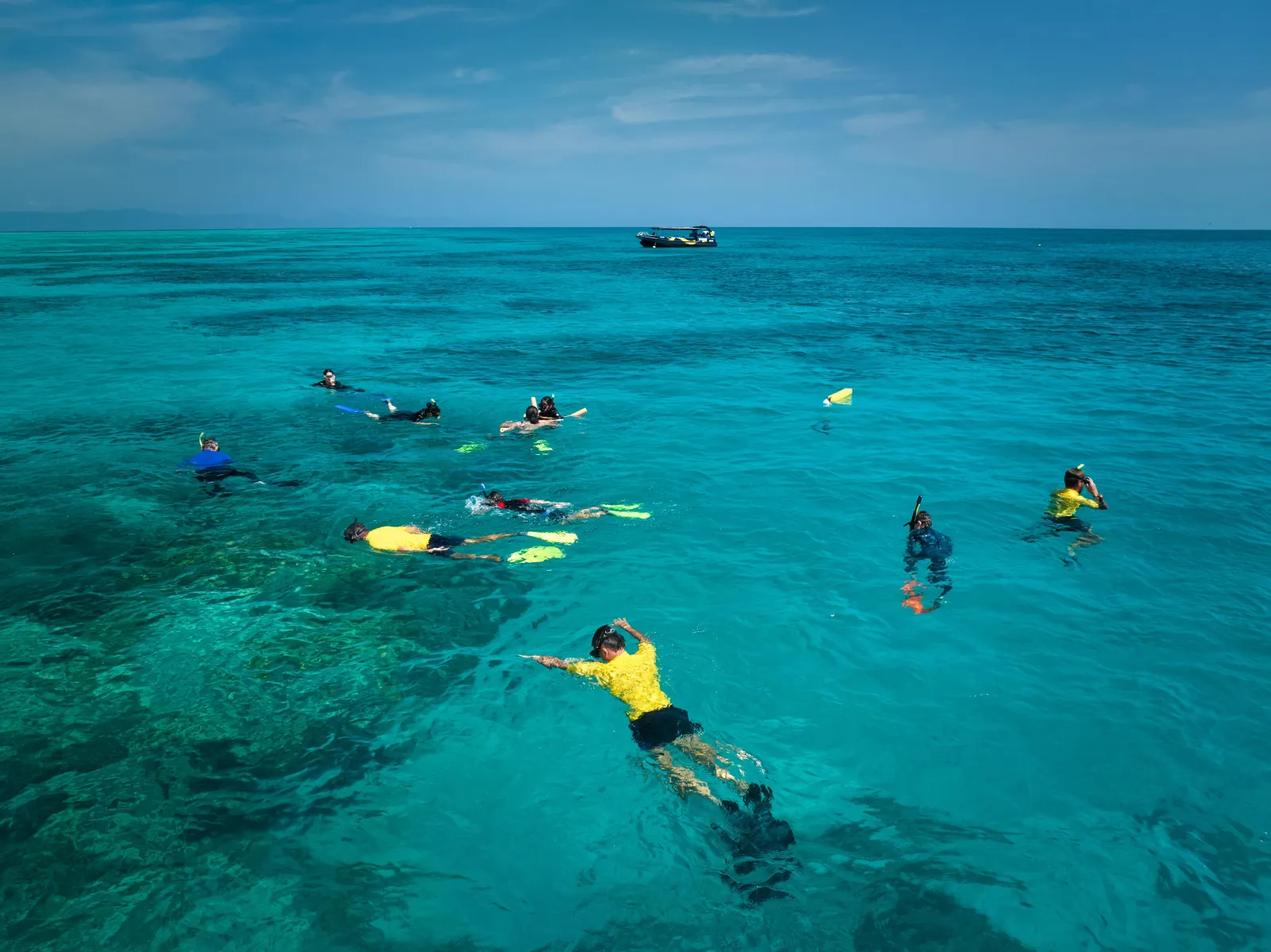 Group of snorkellers spread across a shallow reef