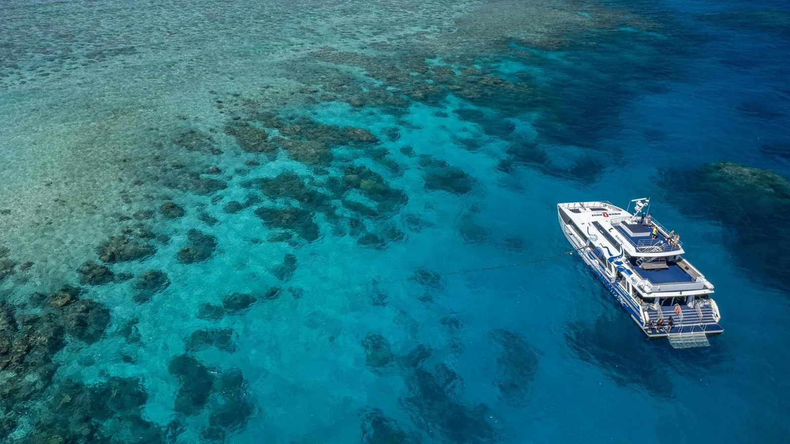 Aerial view of the reef boat over shallow coral