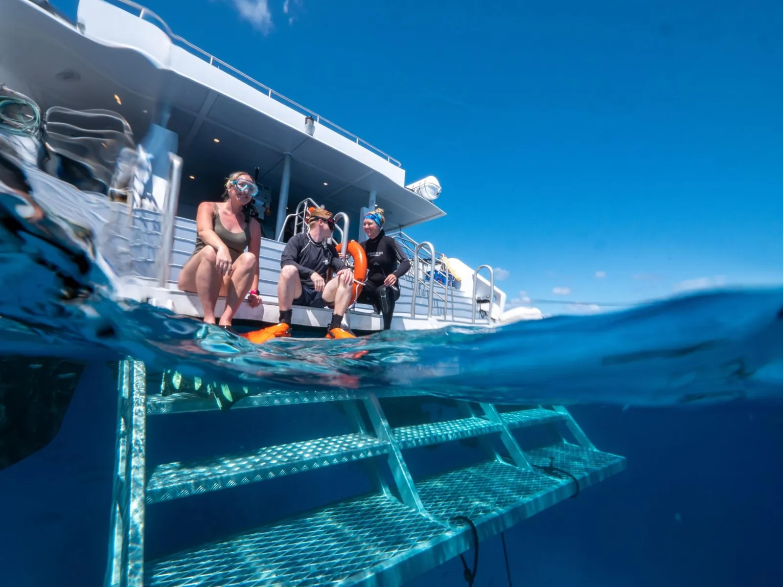 Divers descending the ladder from the back of the boat