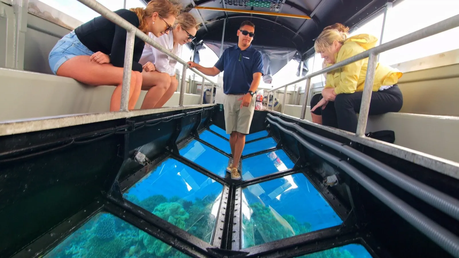 Guests looking down through a glass floor panel