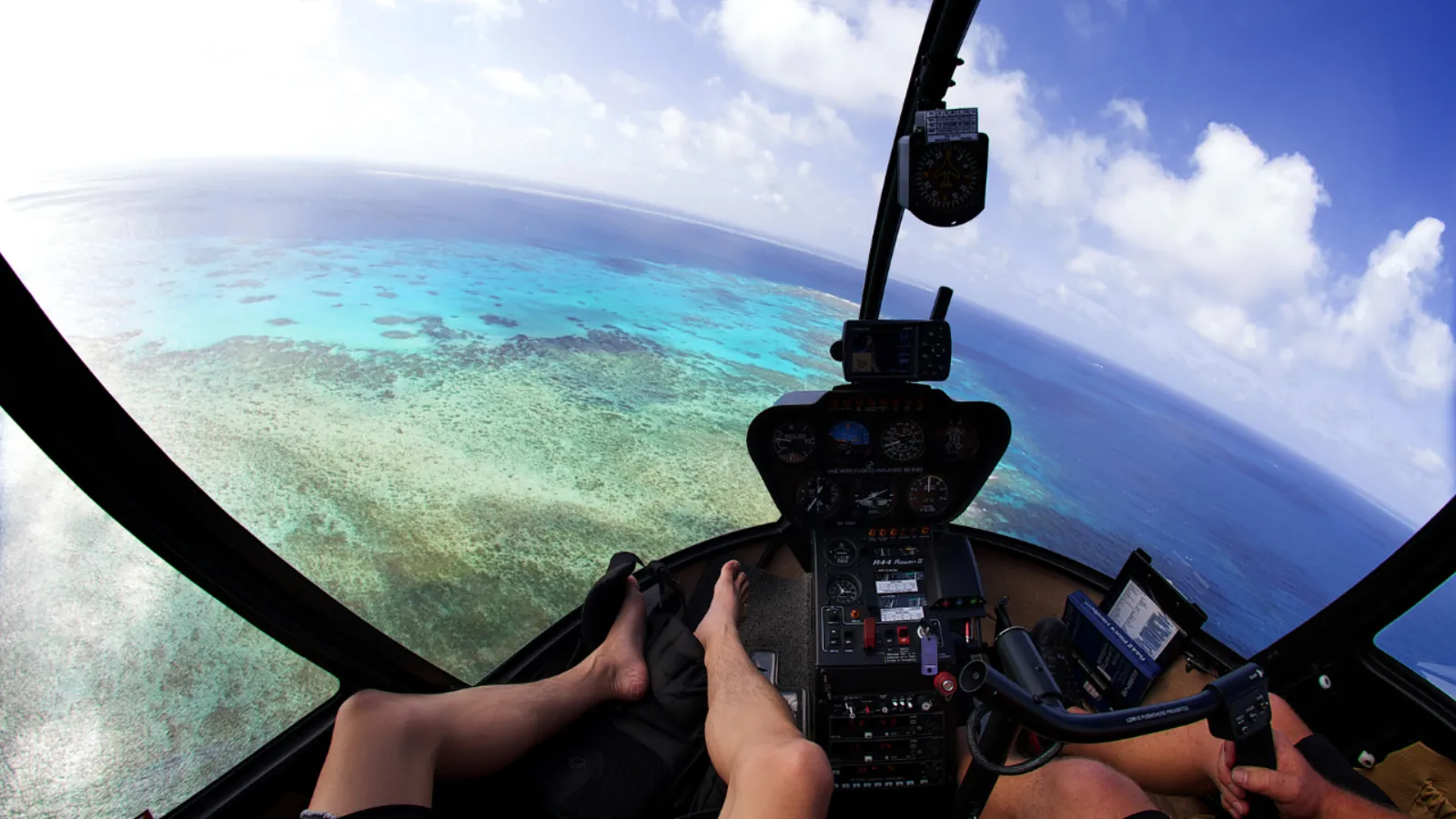 View from the helicopter cockpit over the reef