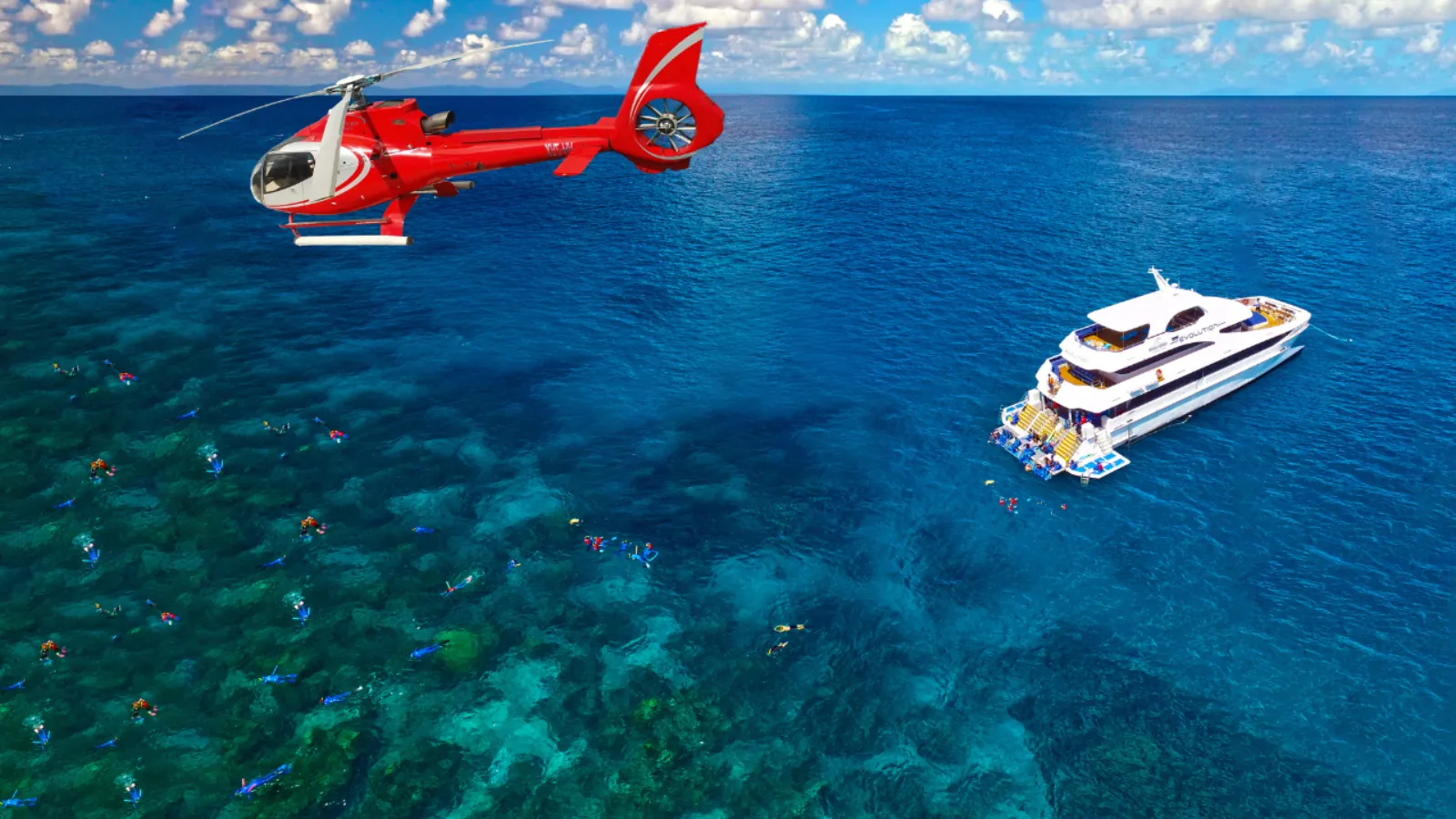 Helicopter flying above the cruise boat