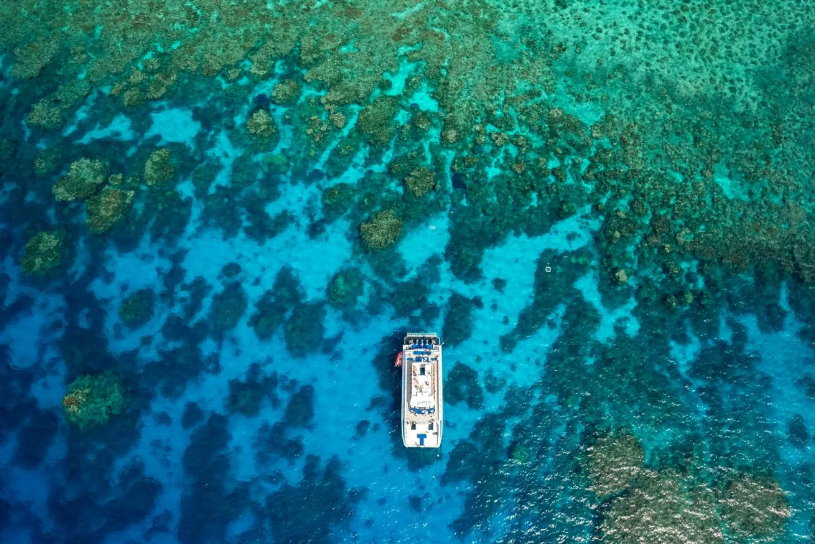 Aerial view of the boat above patches of reef