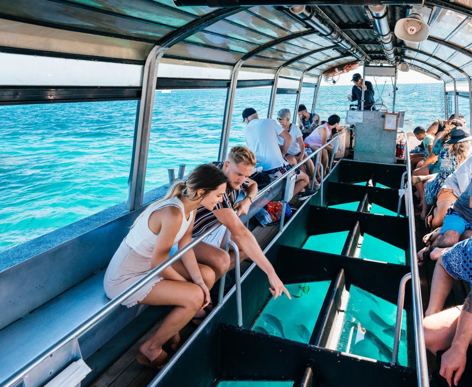 Guests looking through the floor of a glass-bottom boat