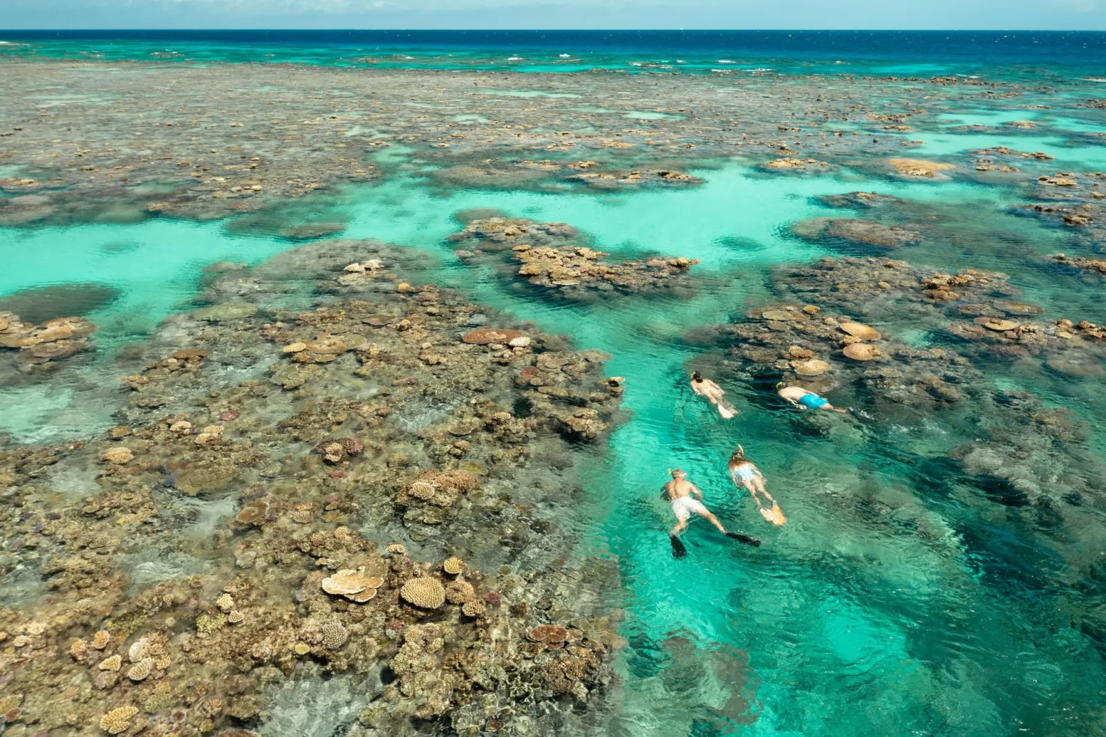Aerial view of snorkellers over a shallow reef flat