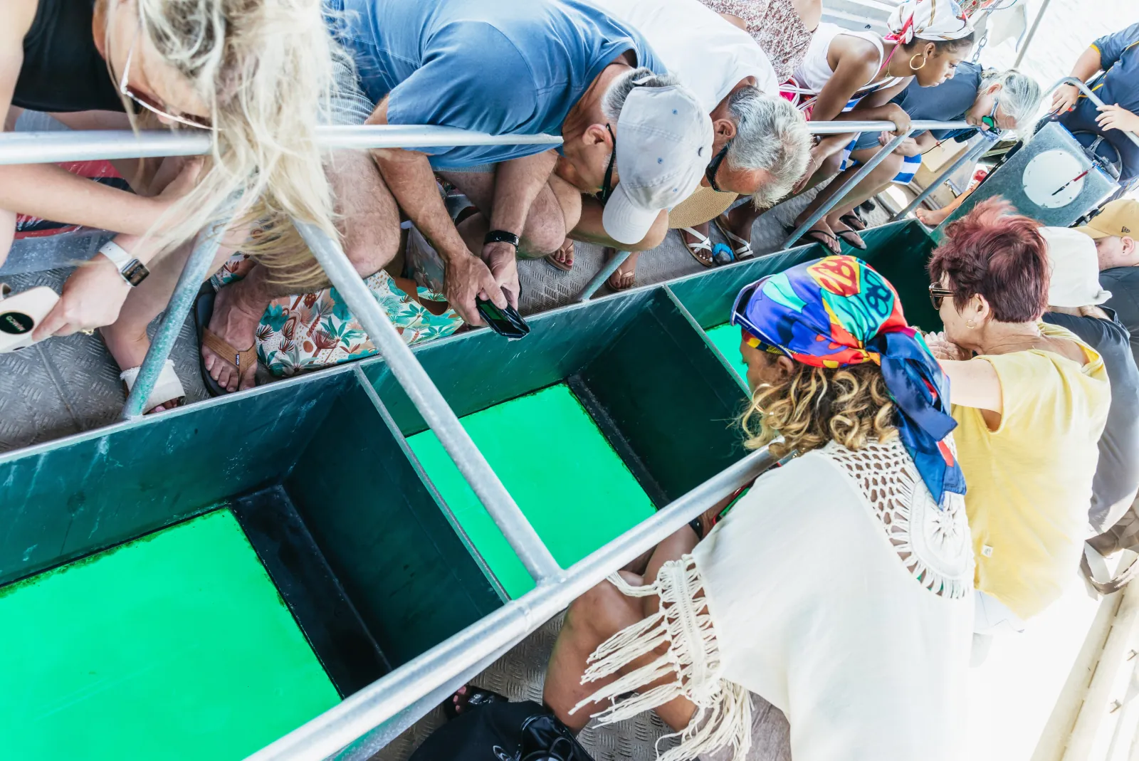 Visitors looking at coral through a glass-bottom boat