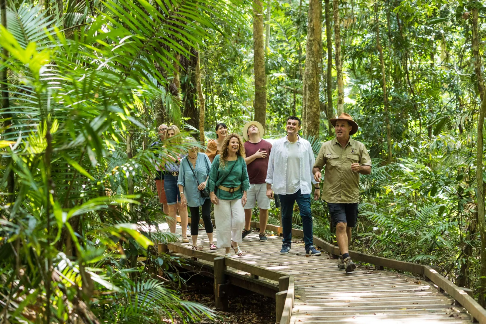 Guide and guests on a rainforest boardwalk