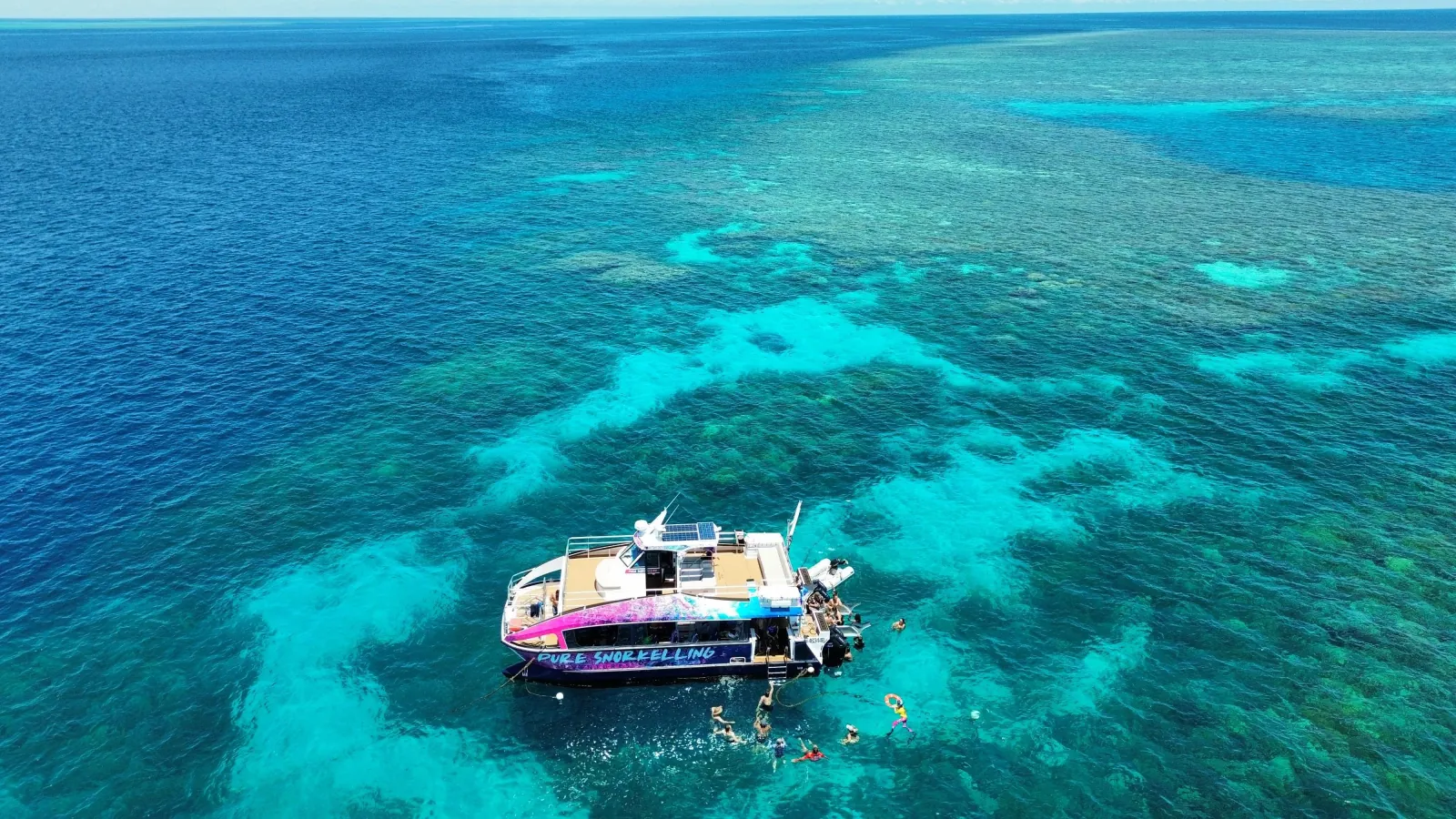 Catamaran moored above a patch of reef