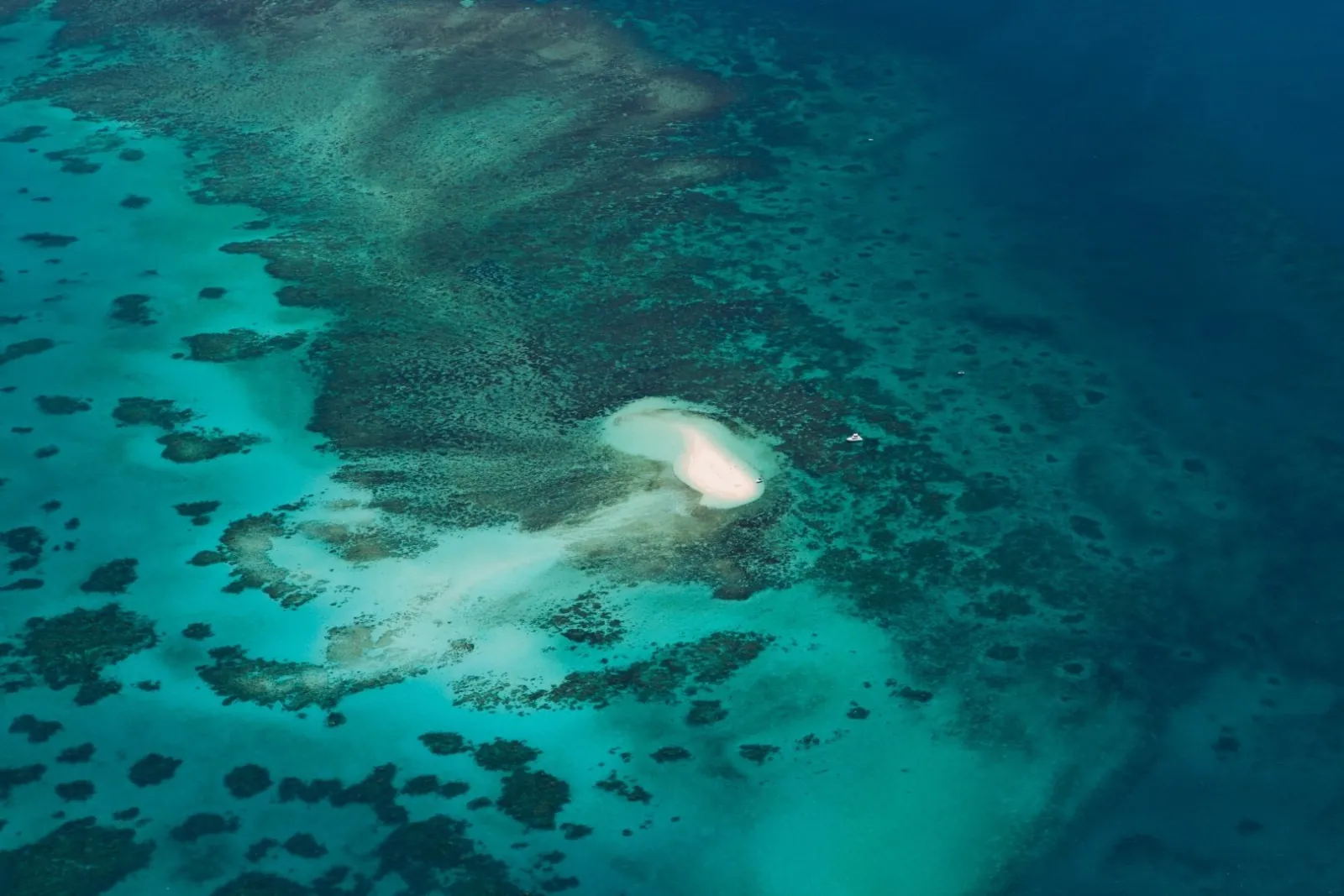 Aerial view of a small sand cay on a reef