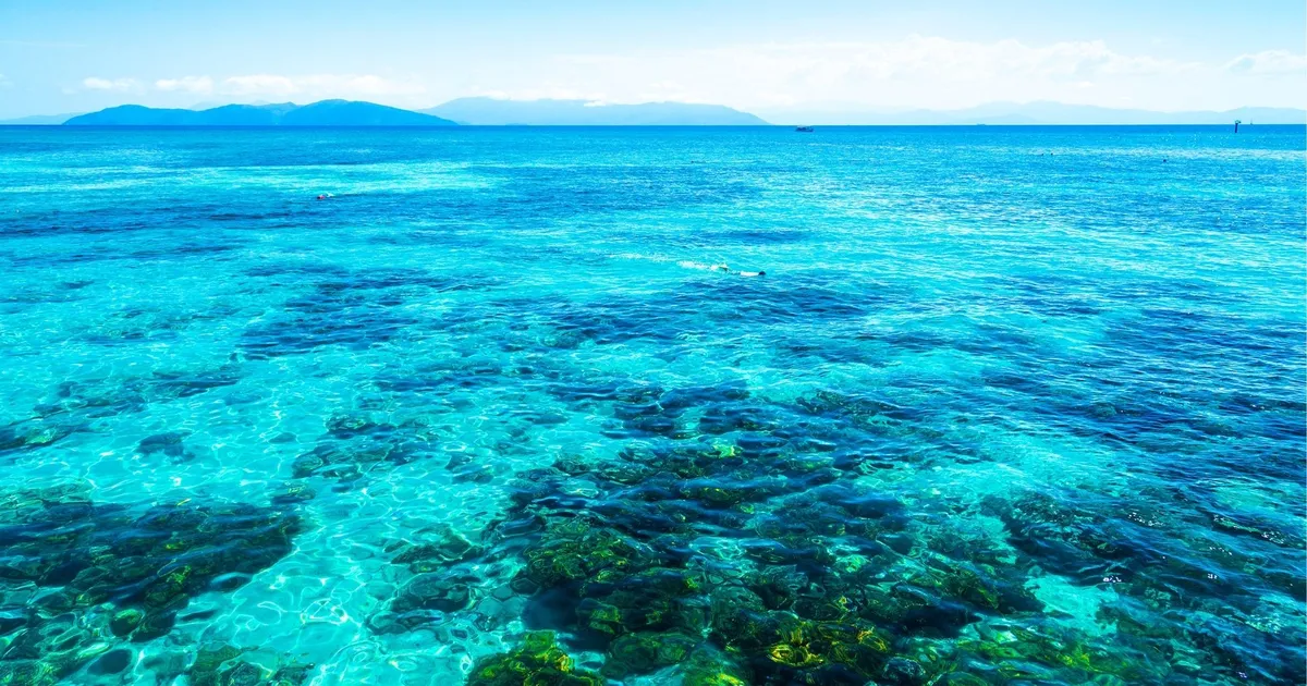 Clear shallow water over coral bommies on an outer reef site east of Cairns